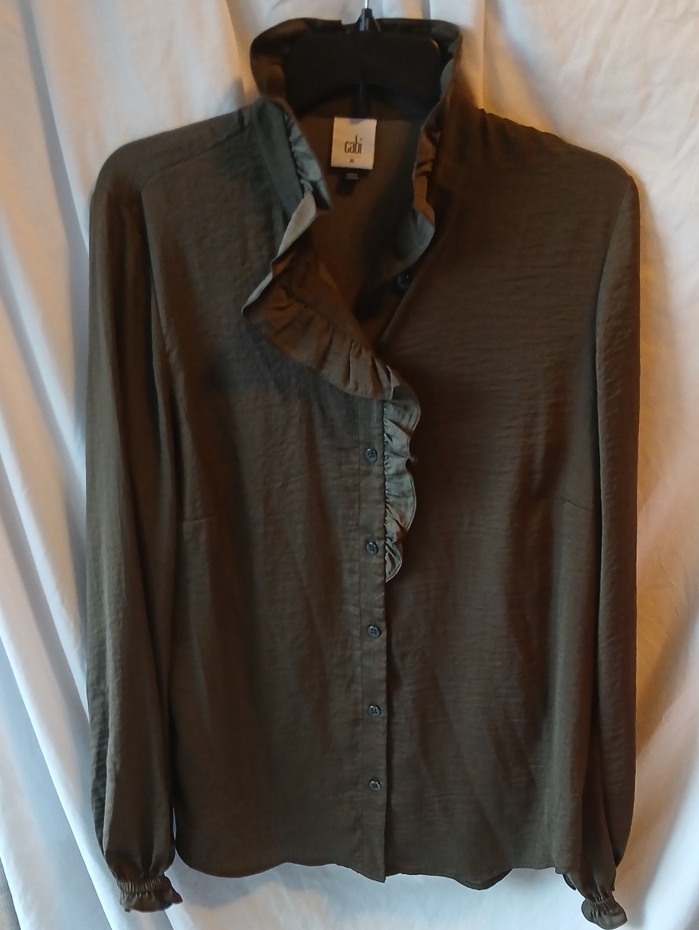 CAbi Olive Ruffle-Front Button Down Blouse